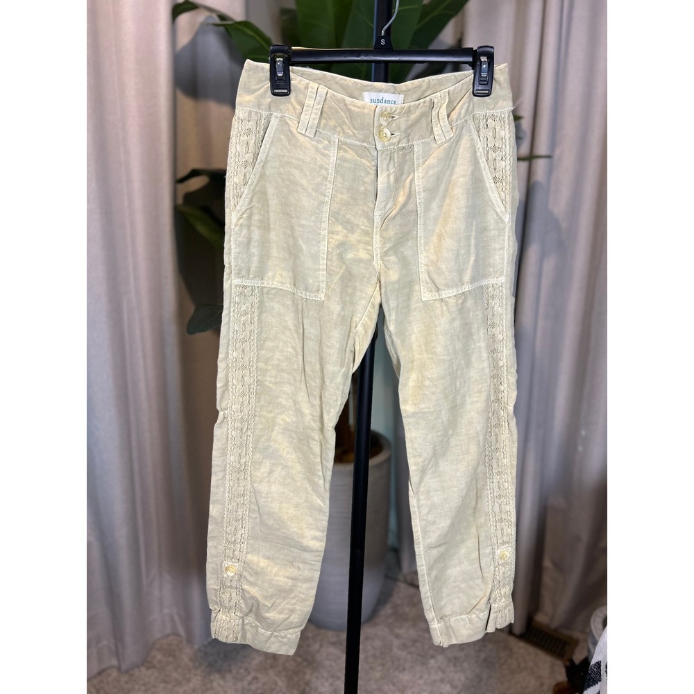 Sundance Linen Blend Lace Trim Cropped Pants Khaki P2 Relaxed Boho Capri